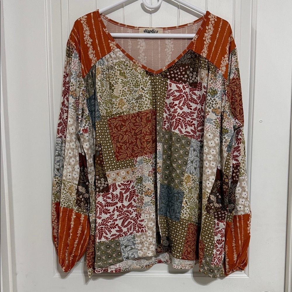 Patchwork Print V-Neck Long Sleeve Top - Rust Multi